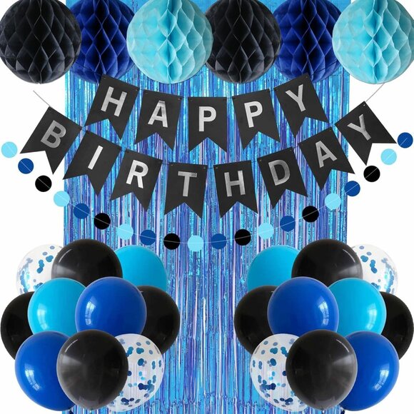 Blue and Black Happy Birthday Party Decorations, Banner Balloons Navy Royal Ligh - Picture 1 of 6